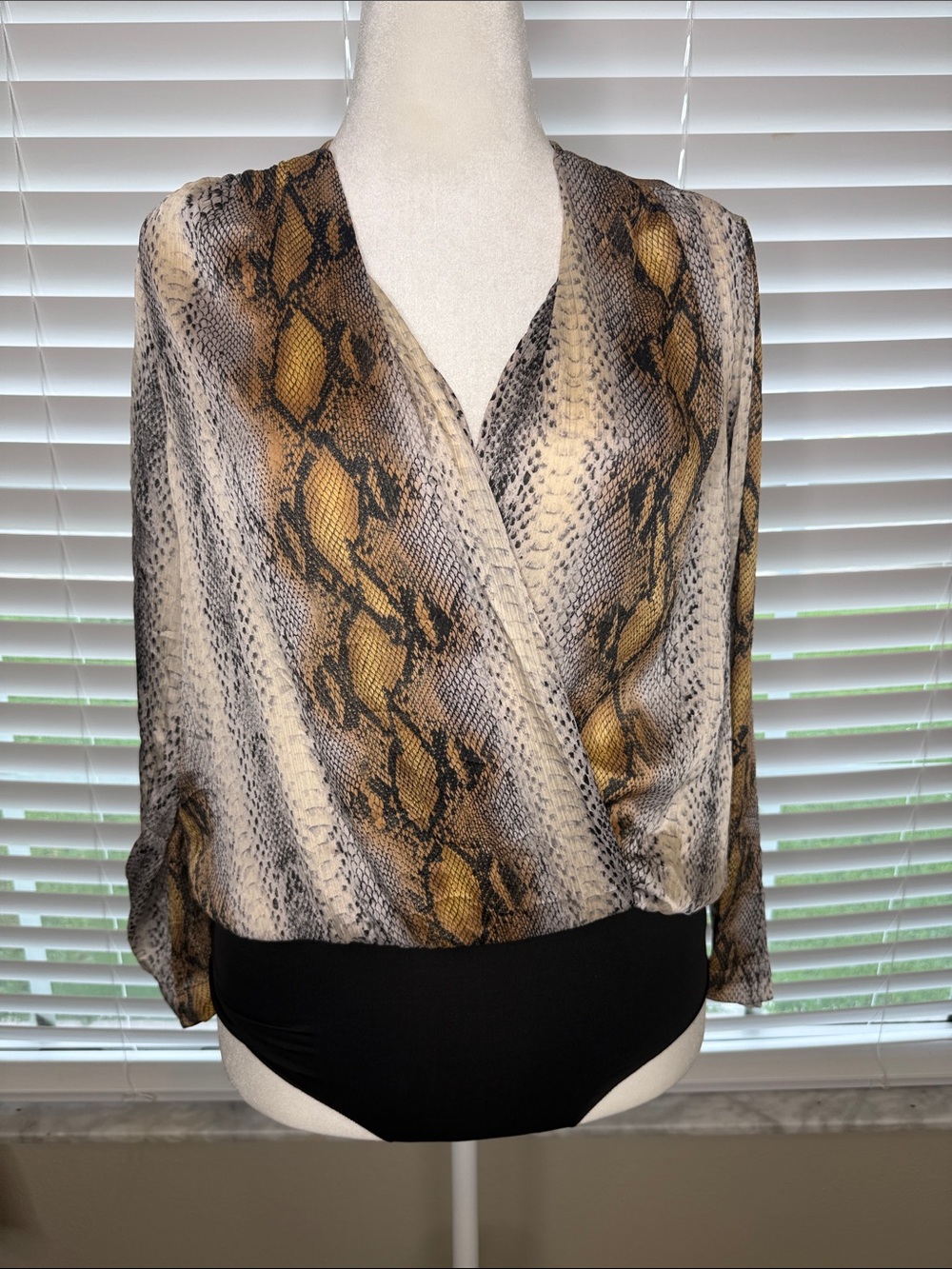 Zara Snake Print Surplice Bodysuit - Brown, Black, Cream